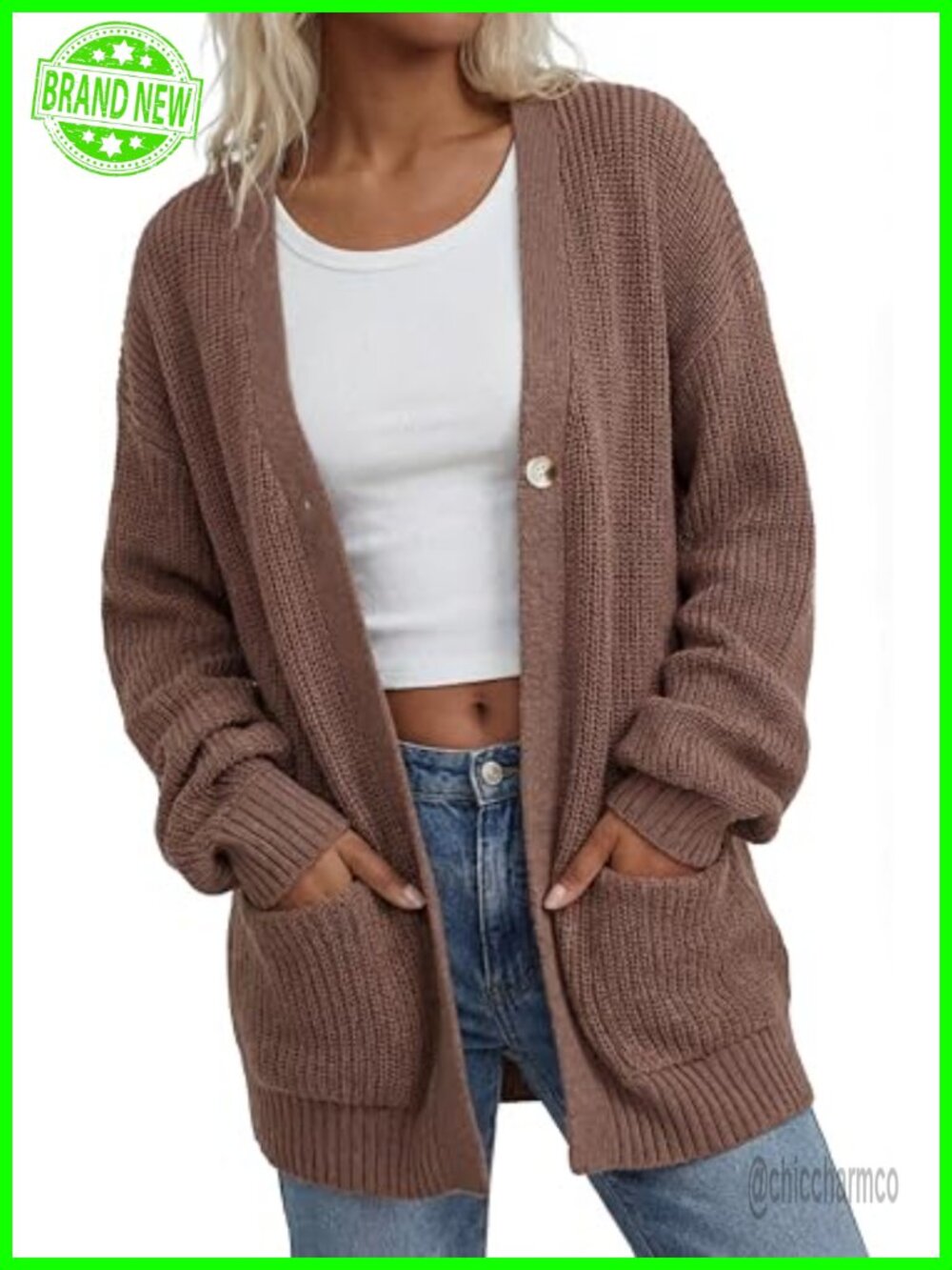 Chunky Knit Cardigan Sweater for Women Loose Fit V-Neck Button Fall